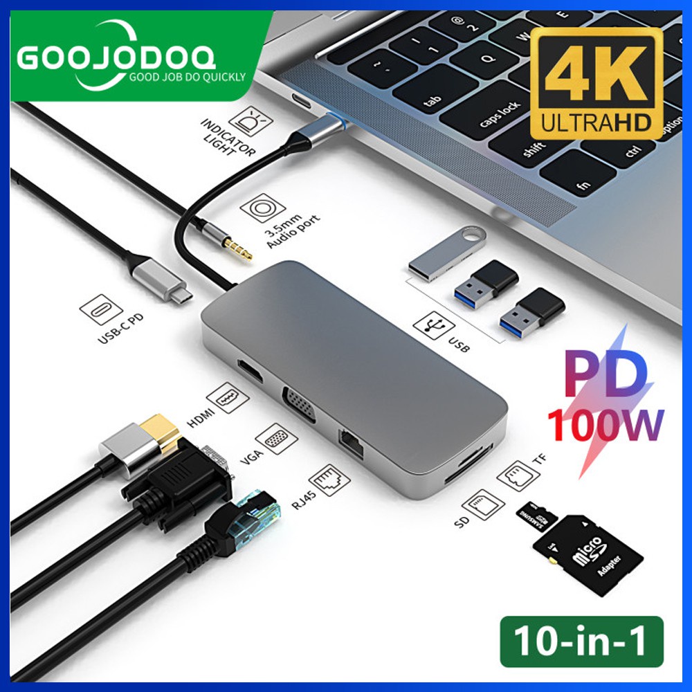 Bộ chia cổng GOOJODOQ USB Type C 11 trong 1 RJ 45 VGA sang HDMI 4K Lan Ethernet HDTV hỗ trợ thẻ SD TF