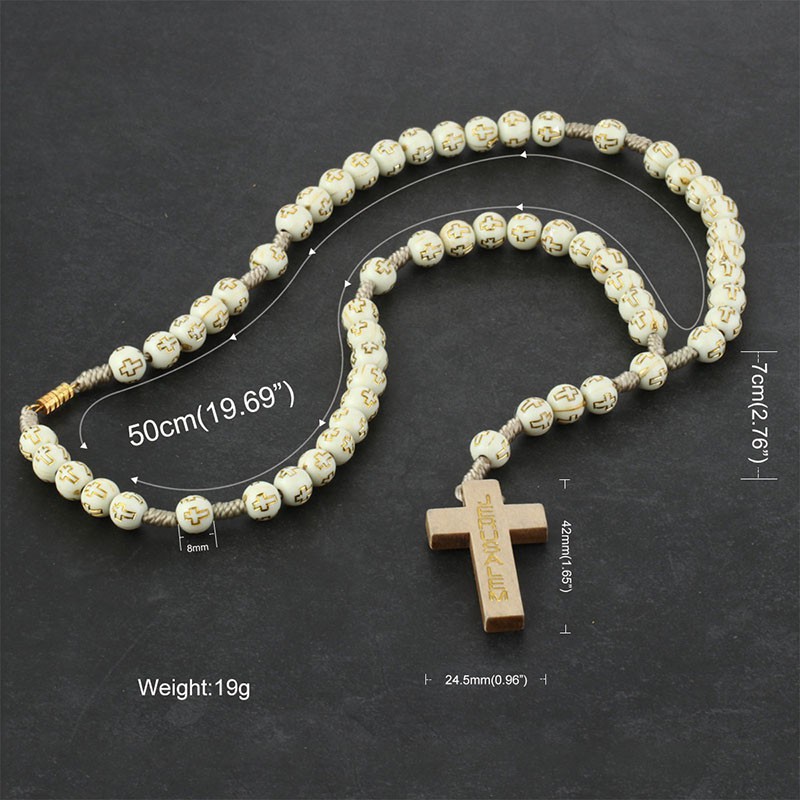 Religious Catholic Jesus Cross Pendant Wooden Beaded Chains Rosary Necklaces