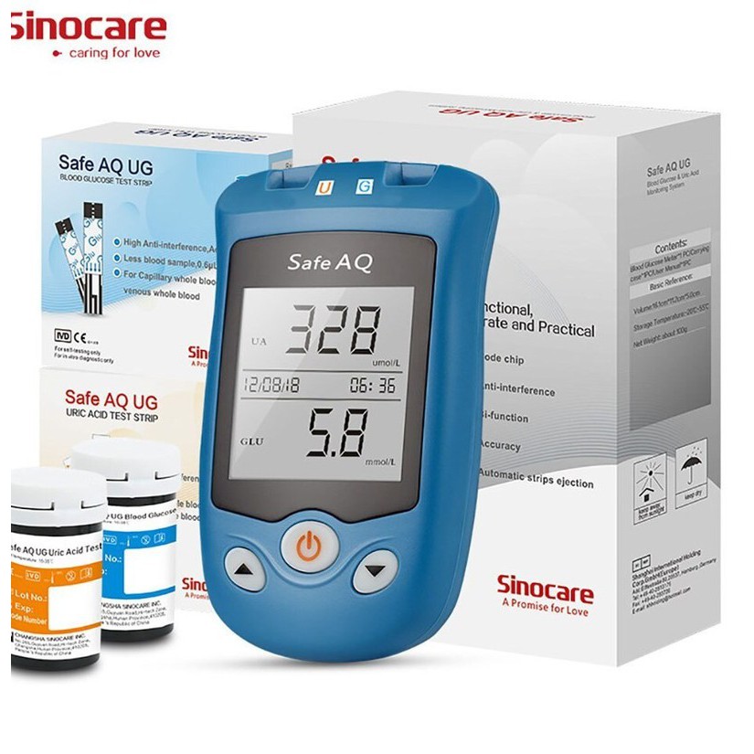 Máy đo đường huyết, Axit Uric 2in1 Sinocare Safe AQ UG+que thử đường huyết và que thử Axit Uric +Tặng thêm áo mưa 2 đầu