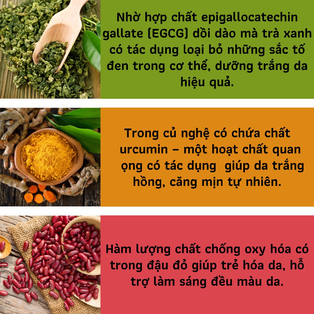 Combo 3 Trắng Da Vesta Bột Trà Xanh & Nghệ & Đậu Đỏ