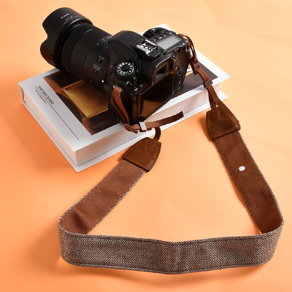 Dây đeo máy ảnh Canon DSLR cổ điển trắng và nâu