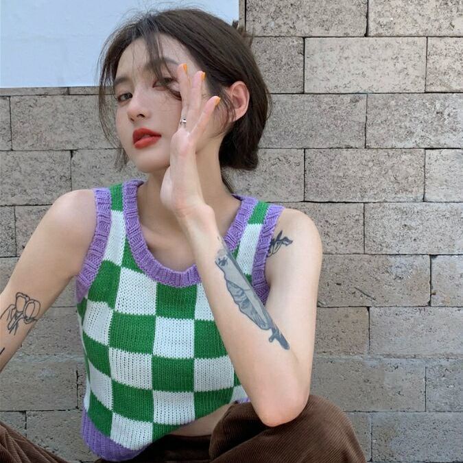 Áo dệt kim hai dây họa tiết sọc caro thời trang cho nữ