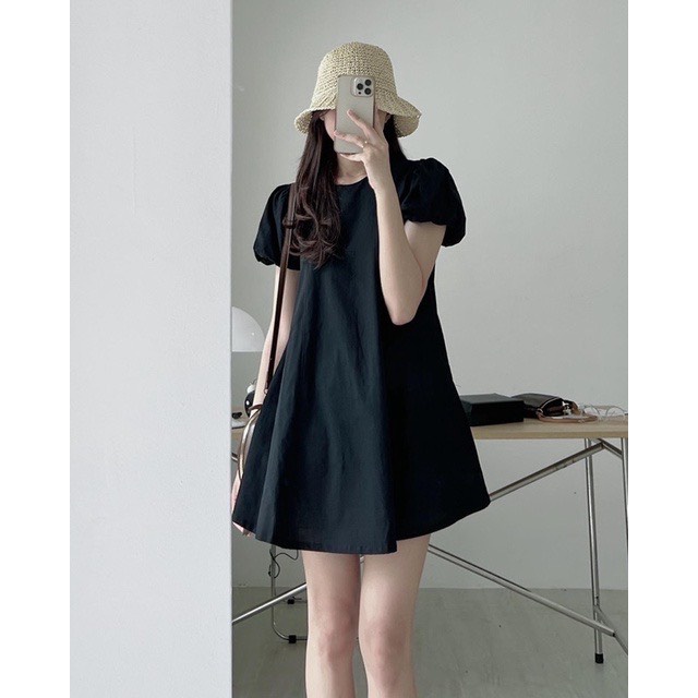 VÁY THÔ ĐŨI BABYDOLL TAY BỒNG doubleh.clo - Váy thô đũi linen dáng suông babydoll tay bồng kèm túi chéo hông ulzzang