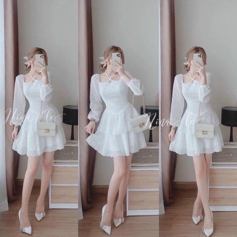 Đầm Váy Nữ Dáng Xòe Mini Dự Tiệc Cưới, Dạo Phố Thiết Cổ Yếm Phân Tầng Sang Chảnh (HÀNG SHOP) Thời Trang Xm Minh Phúc