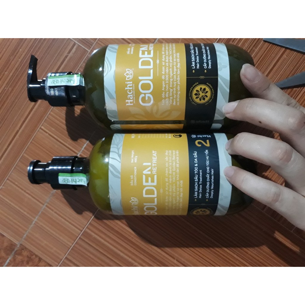 Dầu gội đầu argan cao cấp HACHI Goldenretreat 500g vàng dành cho tóc hư tổn khô sơ - Cặp gội, xả giúp tóc chắc khỏe