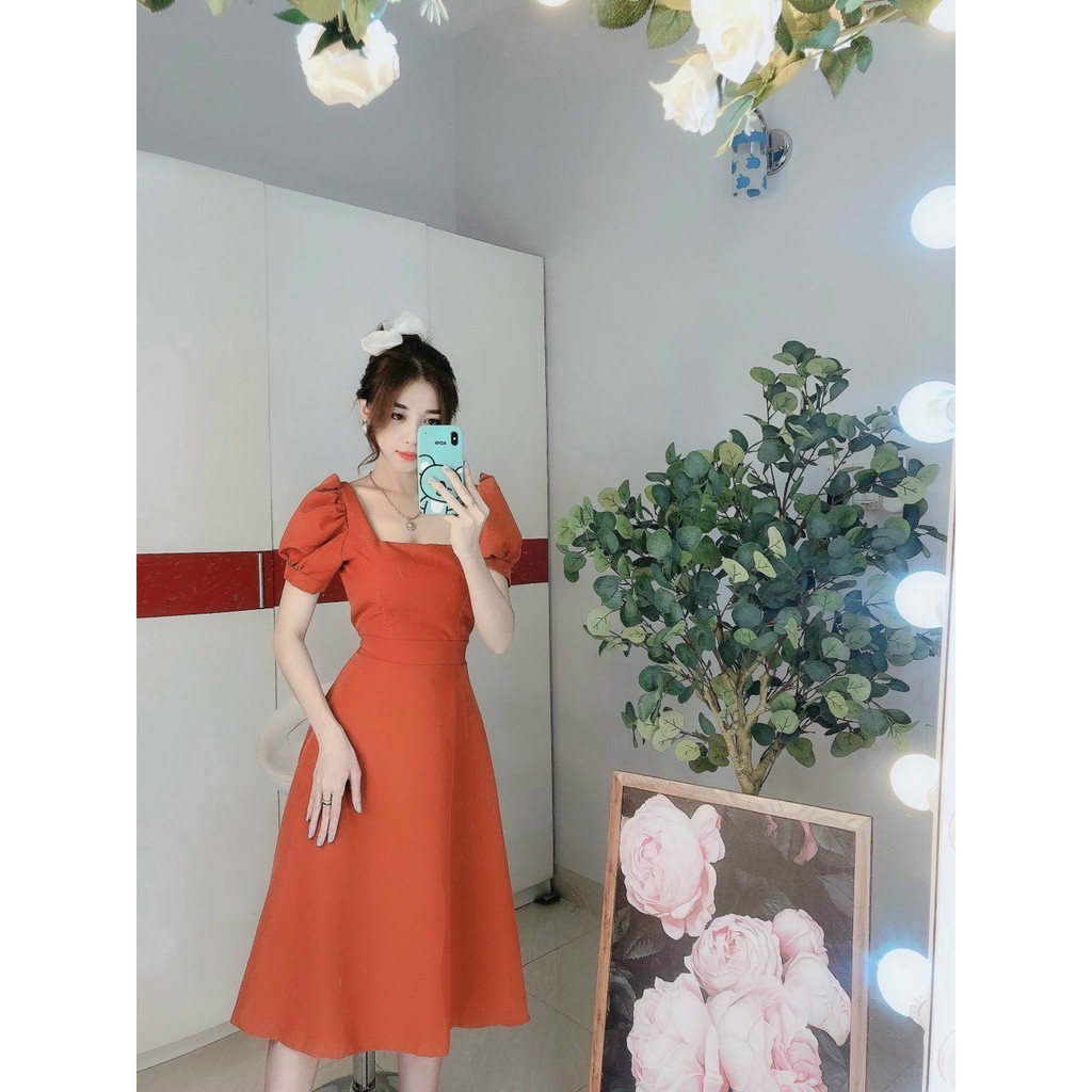Đầm body cổ vuông tay phồng dáng A chất thun dày dặn 3 màu y hình, váy nữ xoè cổ vuông MIDORI247
