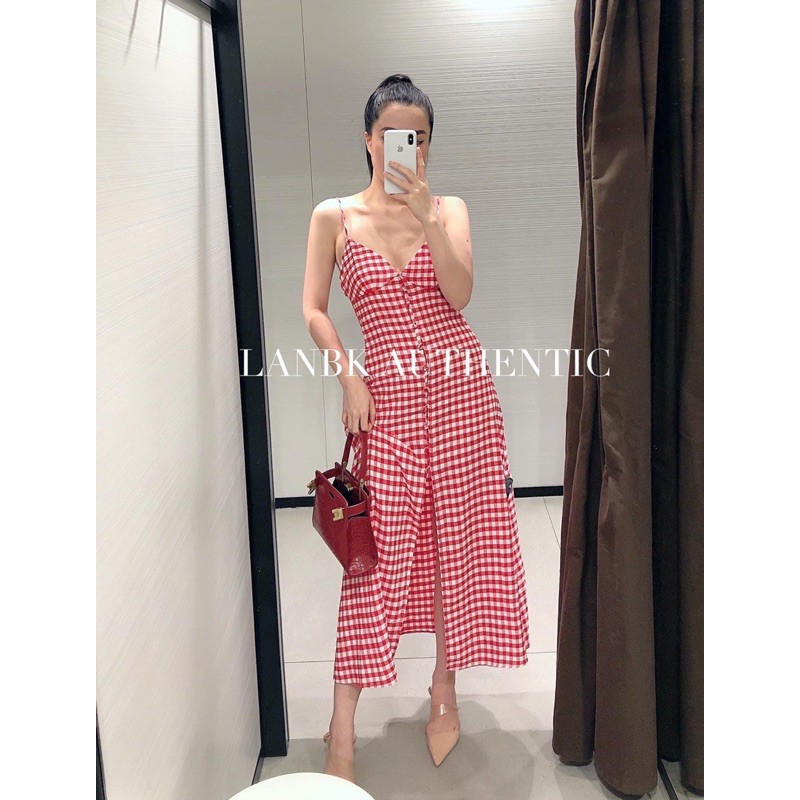 VÁY MAXI ZAR* XUẤT XỊN HAI DÂY CARO GÀI NÚT XẺ TÀ (ảnh thật)