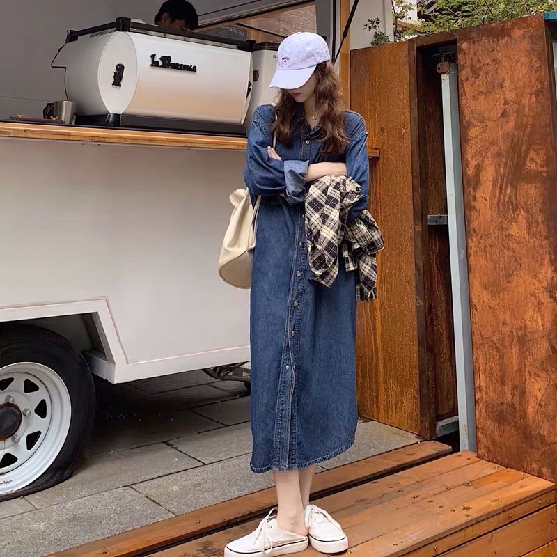 Đầm sơ mi bò dáng suông, váy sơ mi bò dài, đầm sơ mi bò Hàn Quốc