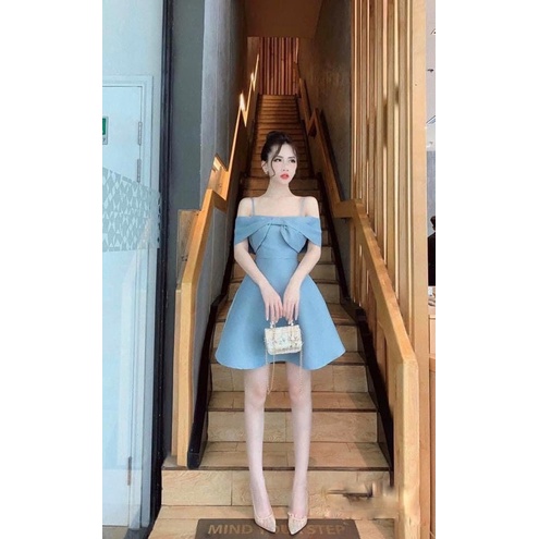 Đầm dự tiệc xoè nơ ngực dáng ngắn 2 màu