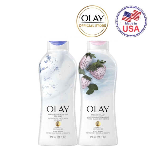 Combo Sữa tắm Olay Body wash Strawberry &amp; Mint 650 ml + Sữa tắm Olay Body wash Daily Exfoliating With Sea Salts 650 ml