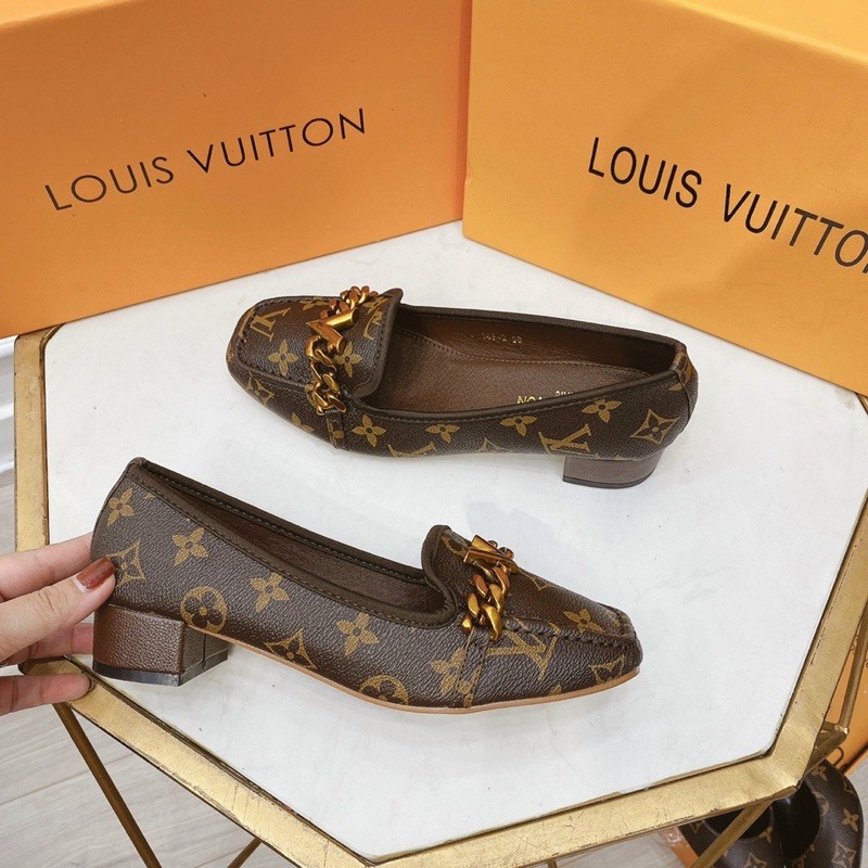 Giày cao gót 5cm da mềm Giày moca lười lv nữ mũi vuông tag khoá V (fullbox Bill túi )