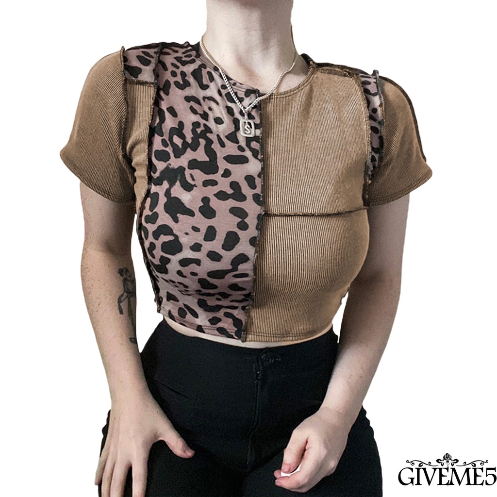 Áo Lửng Ngắn Tay Phối Họa Tiết Da Báo Gợi Cảm Quyến Rũ Cho Nữ