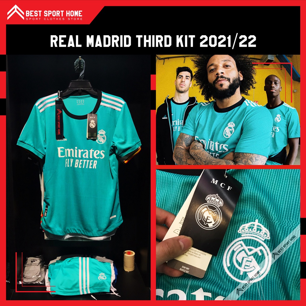 Quần Áo Bóng Đá Real Madrid Sân Khách Thứ Ba - Thirdkit 21/22 Màu Xanh Két Vải Dệt Kín Mềm Size Âu - In Ấn Theo Yêu Cầu