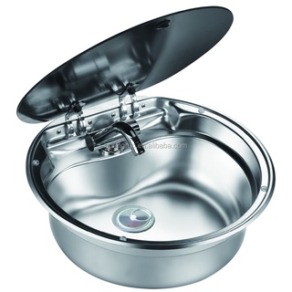 GR-570 Chậu rửa tròn bằng thép không gỉ với nắp kính cường lực/ lavabo dùng cho xe cắm trại, du thuyền, Lavab