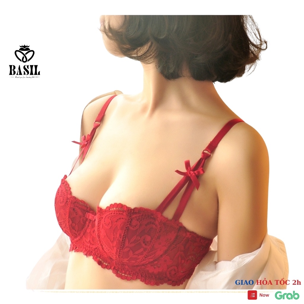 Bộ đồ lót QB12 nữ 1/2 cup có gọng mút vừa nâng ngực tự nhiên phối ren Basil - Hàng mới về