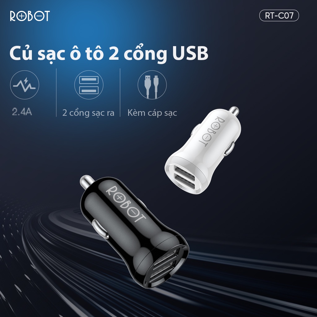 Cốc Sạc Ô Tô ROBOT RT-C07 2 Cổng USB 2.4A