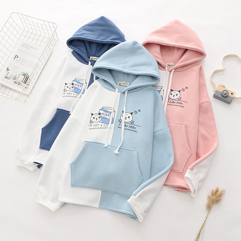 Áo hoodie nữ mèo milk phối 2 màu siêu dễ thương