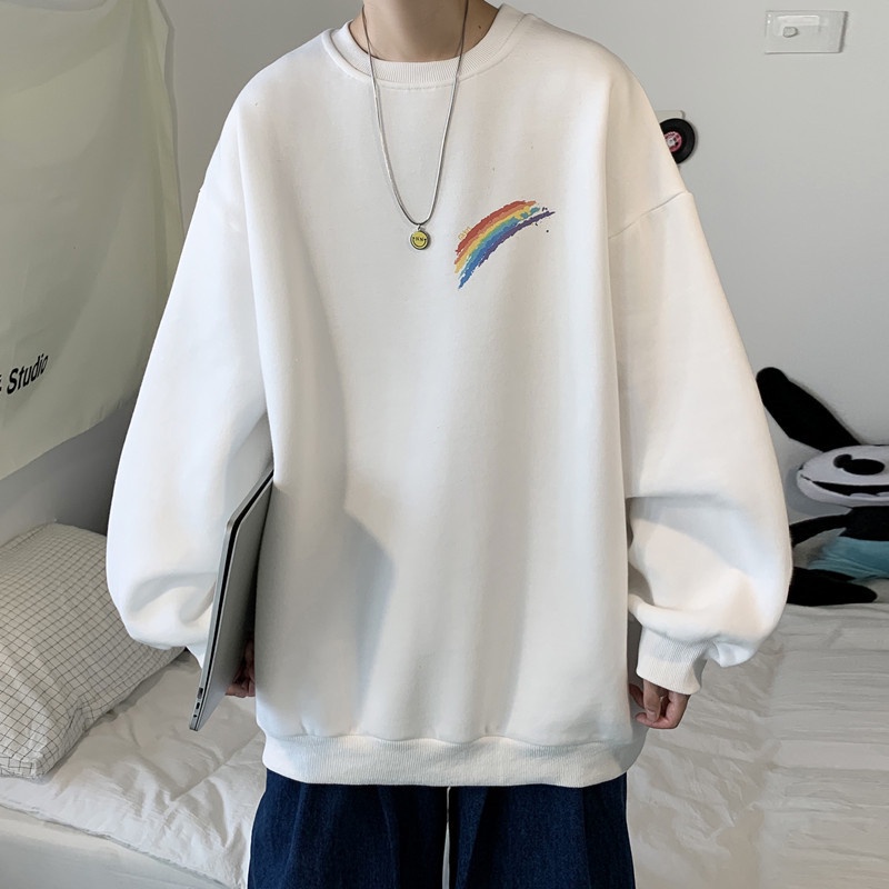 Áo thun tay dài cổ tròn dáng rộng in họa tiết cầu vồng phong cách Hàn Quốc có size lớn cho nam