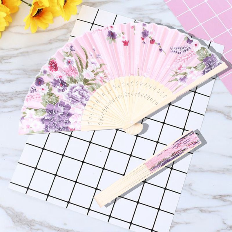 [On Sale]Bamboo Frame Fabric Floral Pattern Dance Wedding Foldable Handbag Pink