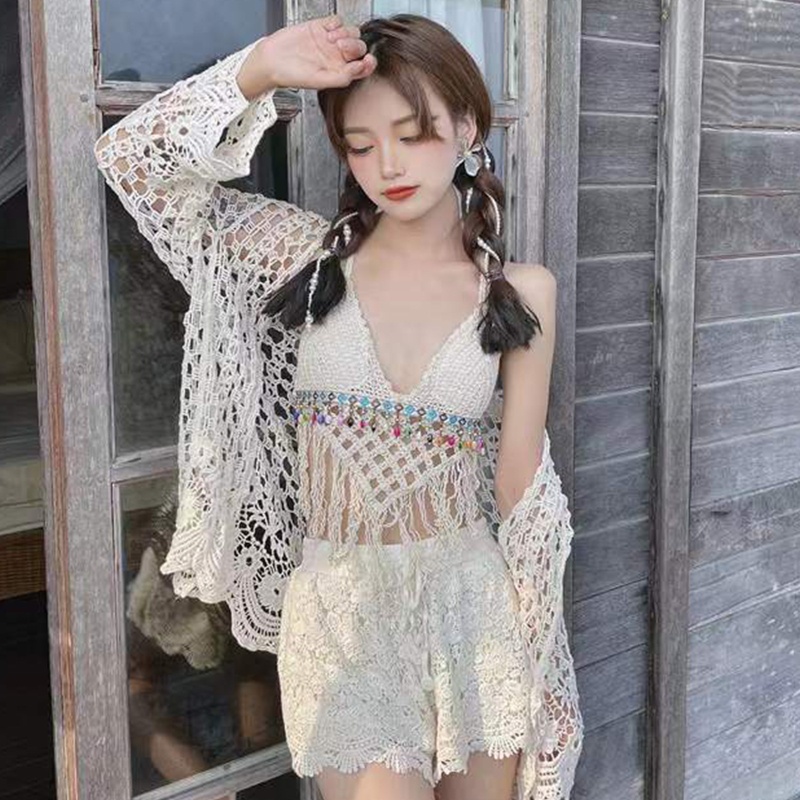 Brroa Áo Ngực Đan Móc Tam Giác Viền Sọc Caro Dạng Dây Tua Rua Xỏ Hạt Rỗng Cho Nữ T