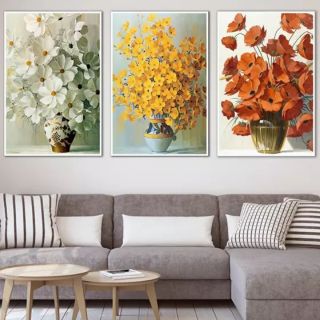 Bộ 3 tranh hoa in canvas hiện đại 40x60 kèm khung