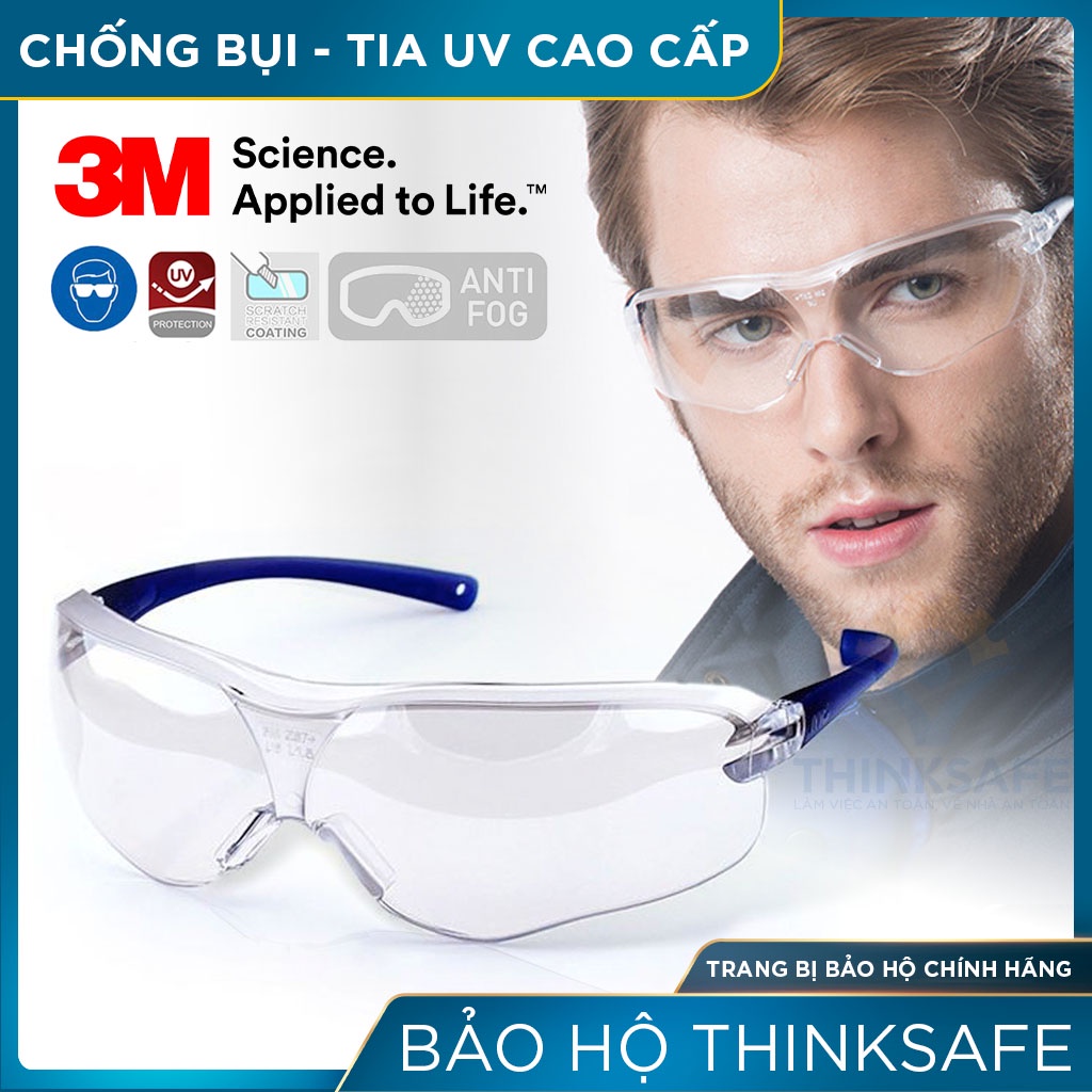 Kính bảo hộ lao động 3M Thinksafe, chống bụi bảo vệ mắt, chống tia UV đi đường, màu trắng trong suốt, chống lóa