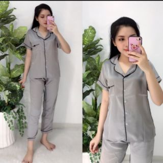 Bộ pijama lụa satin cát viền nơ ( tay cộc quần dài)
