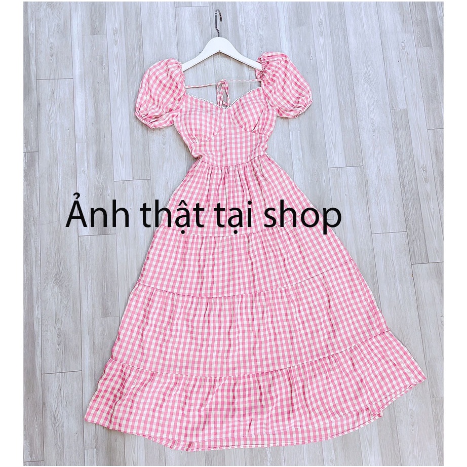 Váy kẻ hồng đầm 3 tầng 2 lớp có độn ngực maxi tay ngắn hở lưng đi biển siêu xinh-Minxy shop | BigBuy360 - bigbuy360.vn