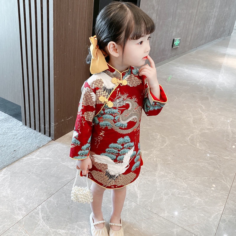 Đầm Sườn Xám Tay Dài Phong Cách Trung Hoa Thời Trang Mùa Thu Cho Bé Gái