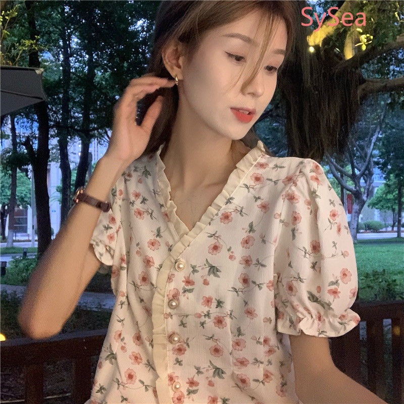 Áo sơ mi dáng rộng tay ngắn cổ chữ V in hoa thời trang mùa hè dành cho nữ