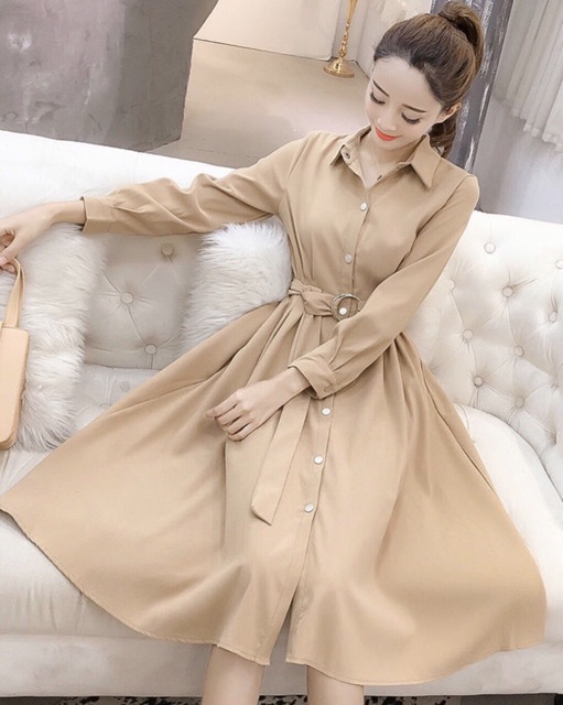 Đầm váy sơ mi kem tay dài kèm belt