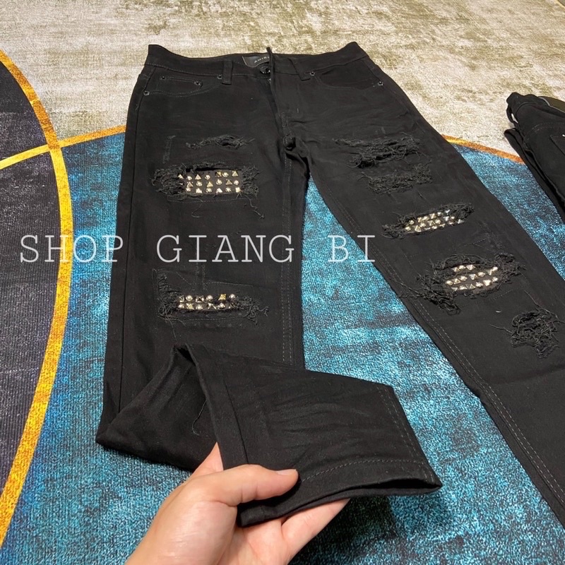 Quần jean nam họa tiết đính đá to xuyên vải,quần bò rách xước đính đá trắng dáng slimfit khâu viền