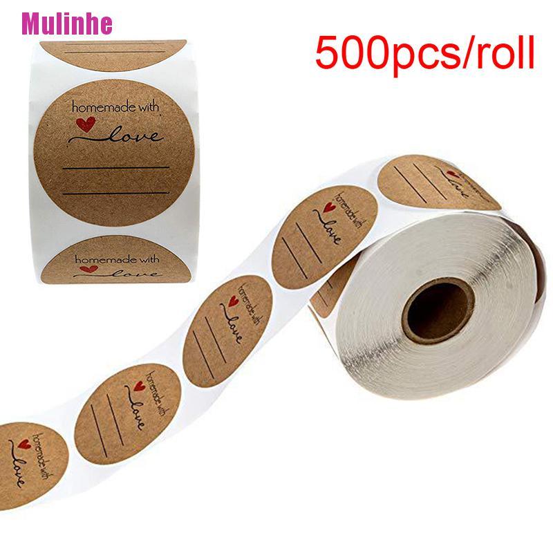 Cuộn 500 Nhãn Dán Giấy Kraft In Chữ Handmade With Love Dùng Trang Trí Sổ Tay