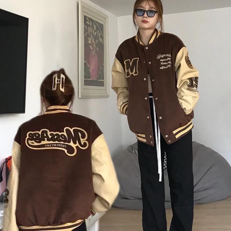 Áo khoác bomber varsity tay da hoạt tiết thêu phong cách retro thời trang nam nữ