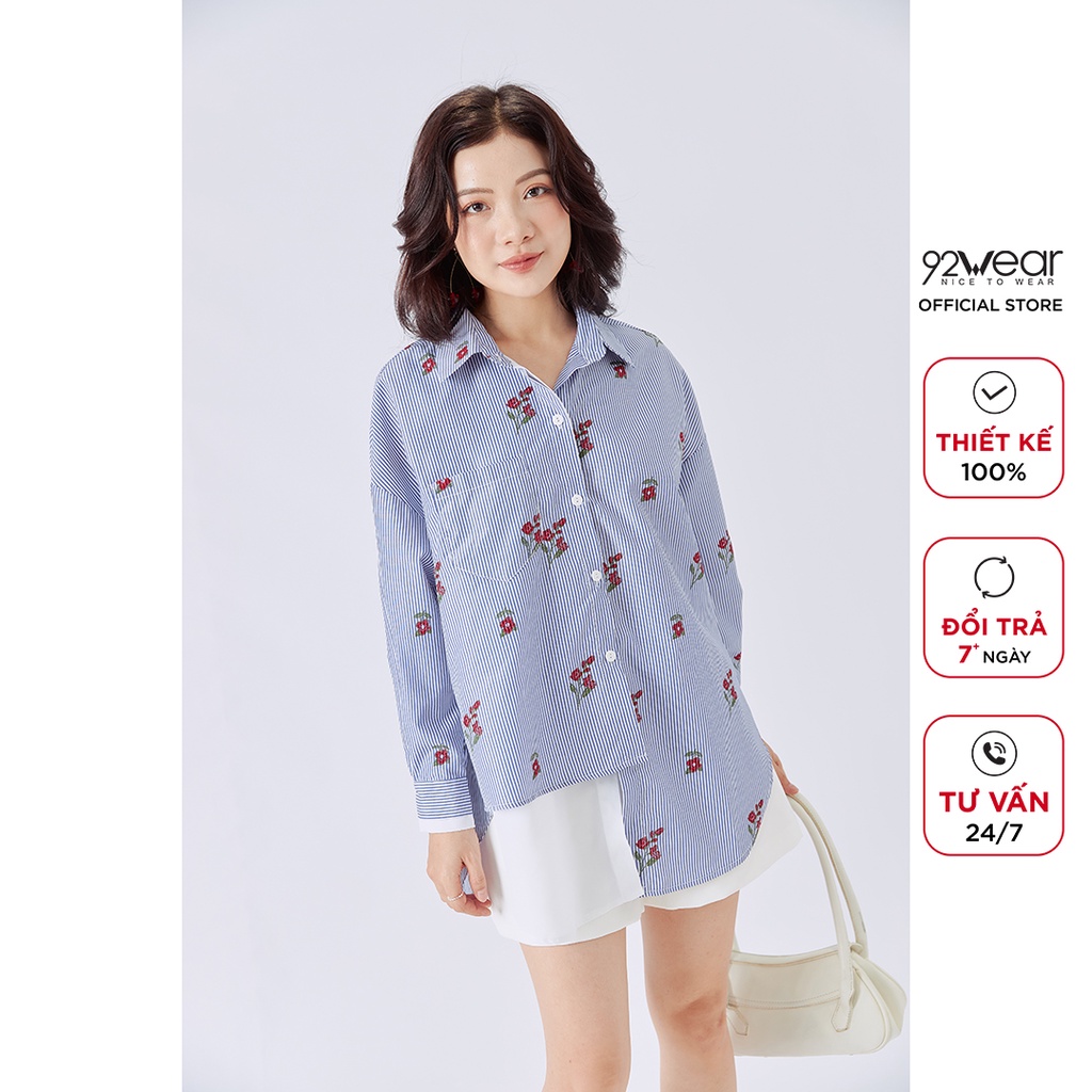 Áo sơ mi nữ dài tay 92WEAR thiết kế kẻ hoa vạt lệch năng động cá tính ASW1142