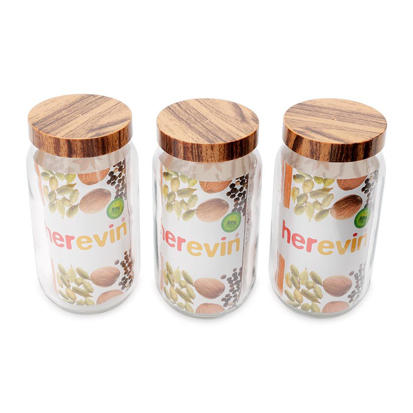 Combo 3 hũ thủy tinh Herevin tròn trơn woody 1L - 231377