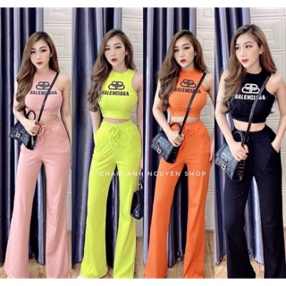 Set bộ thun quần dài ống xuông áo croptop ba lỗ in chữ