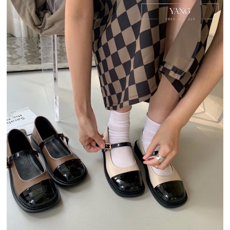 Giày búp bê mũi vuông hai màu, giày búp bê dây cài dễ phối đồ