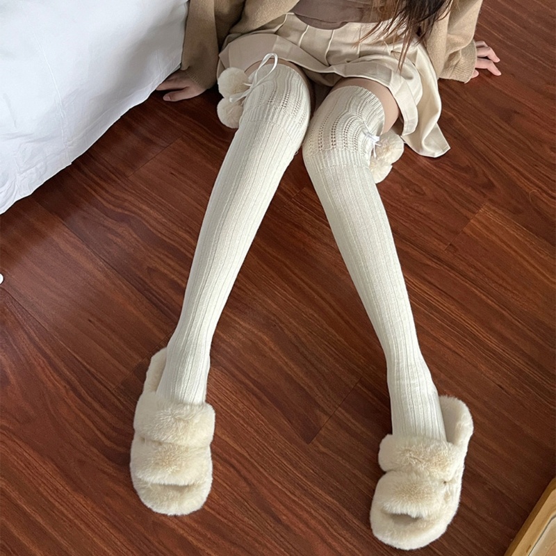 Tất Dệt Kim Cao Ngang Đùi Đính Nơ Màu Sắc Trơn Thời Trang Mùa Thu Cho Nữ