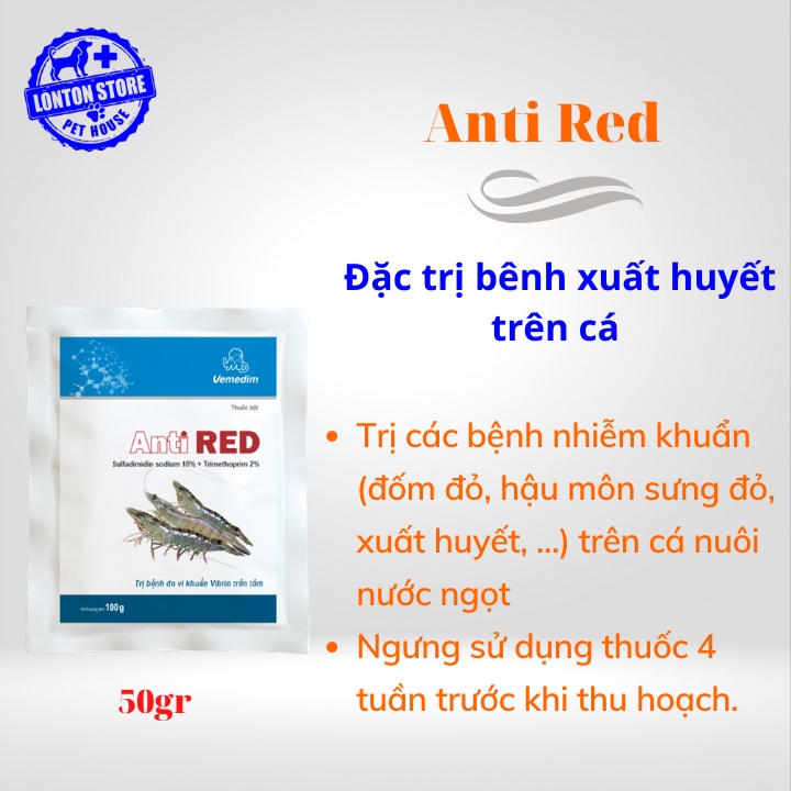 VEMEDIM Anti red cá, dùng cho cá nuôi nước ngọt bị nhiễm khuẩn đốm đỏ, sưng đỏ, gói 50gr Lonton store