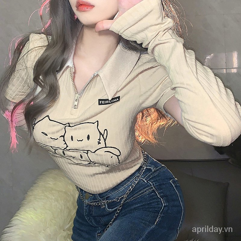 Áo thun polo có găng tay rời thêu hình mèo con dễ thương cho nữ