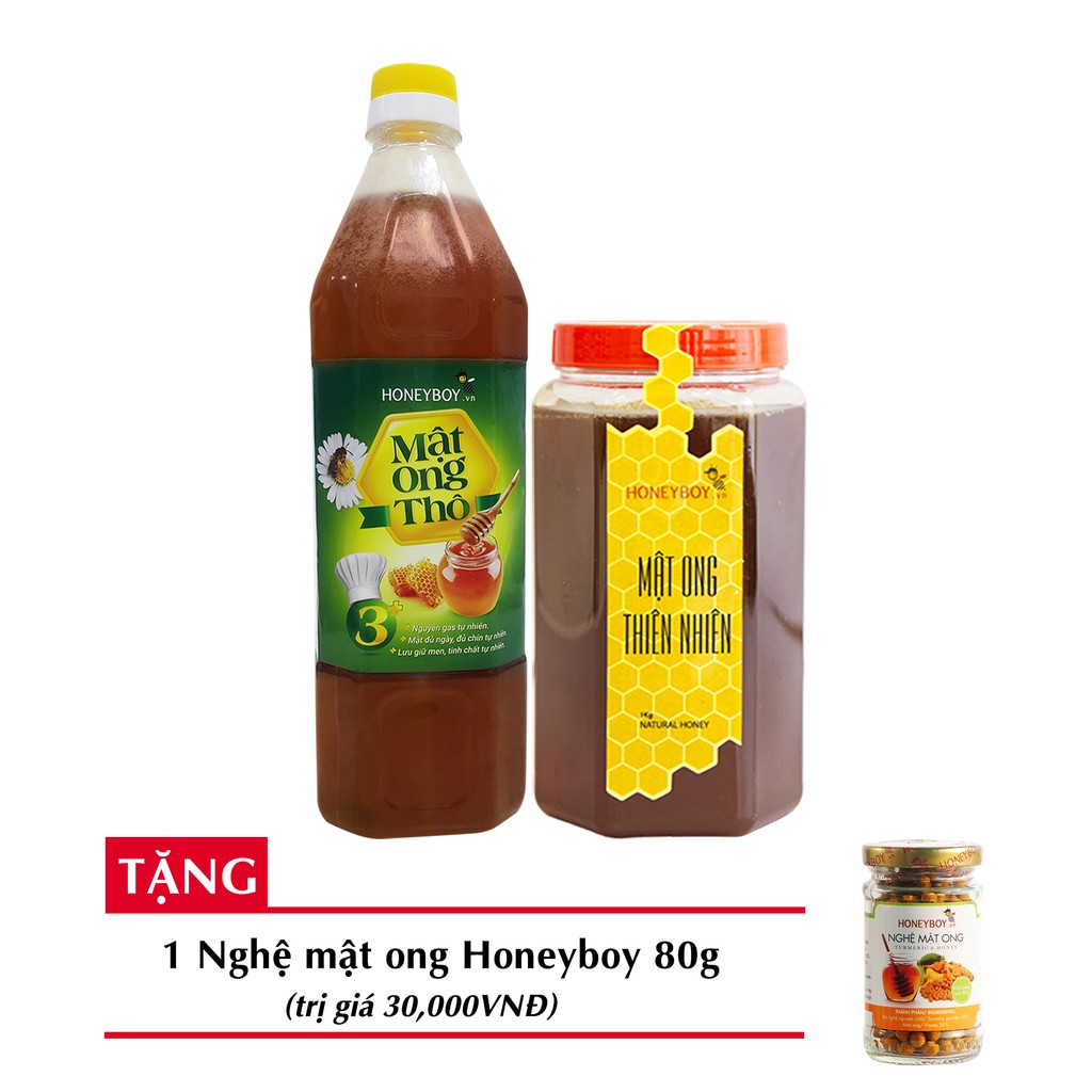 Bộ 2 Mật ong thiên nhiên HONEYBOY 1kg + Mật ong thô HONEYBOY 1000ml + tặng 1 Nghệ Mật ong HONEYBOY 80g