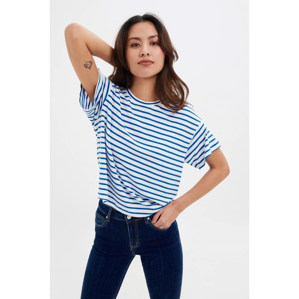 TheBlueTshirt - Boxy Blue Striped T - Áo thun kiểu trắng sọc xanh