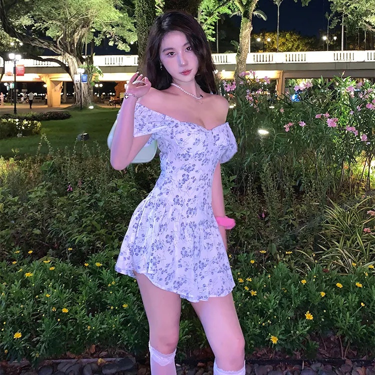 [MURIOKI] Đầm Ngắn In Hoa Tay Phồng Phong Cách Pháp Thời Trang Cho Nữ