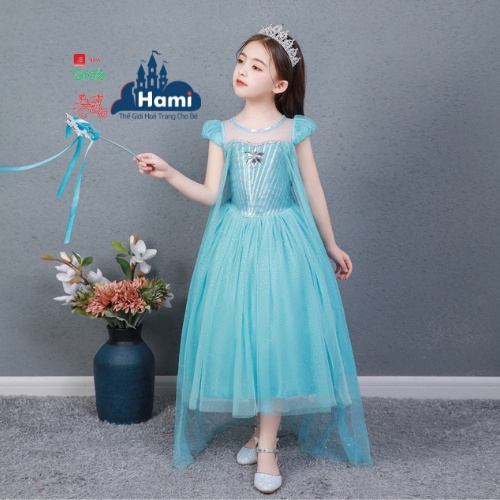 Váy elsa cho bé gái màu xanh tay lỡ có tà liền dài, ngực đính bông tuyết, ảnh thật hmk14