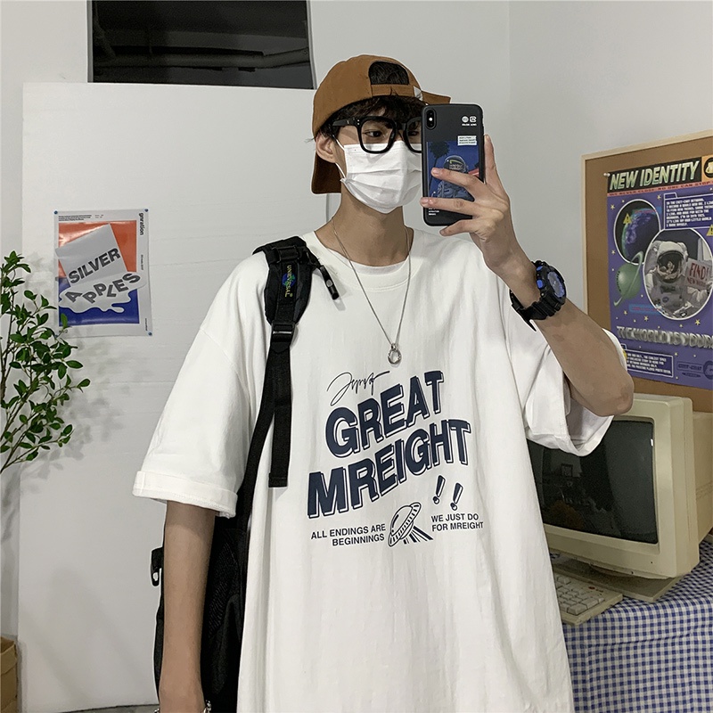 Áo thun tay ngắn cổ tròn dáng rộng in chữ phong cách Hàn Quốc size S-8XL cho nam