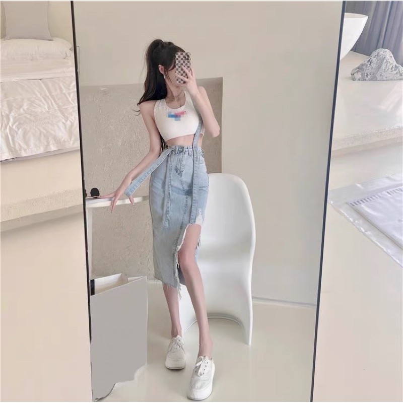 Chân váy yếm jean xẻ đùi Ulzzang