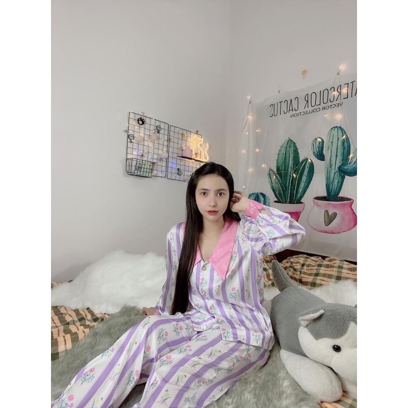 pijama tay phồng hồng lụa satin cao cấp quảng châu