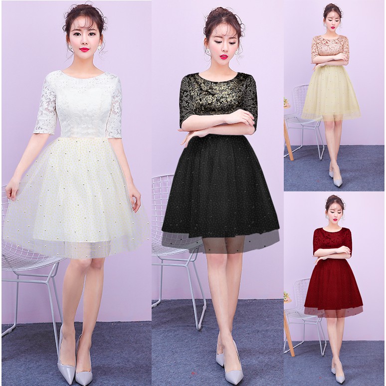 Đầm ren xoè phối lưới kim tuyến đính hột