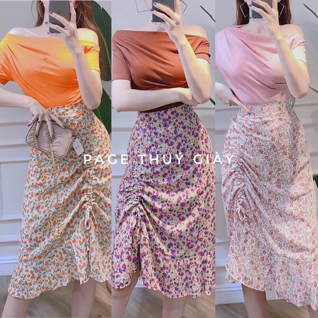 Set áo thun lệch vai chân váy hoa